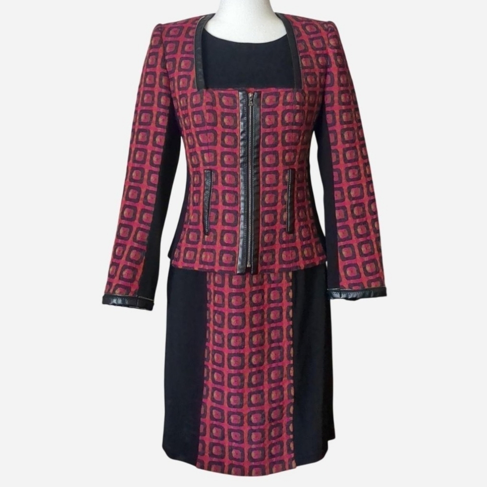 Vintage Yoanna Baraschi 2-Piece Dress & Jacket Set – Red & Black Print Size 10